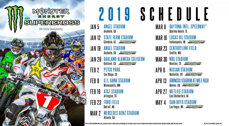 "Fahrplan" SX-WM 2019 – 2019 Monster Energy Supercross Kalender