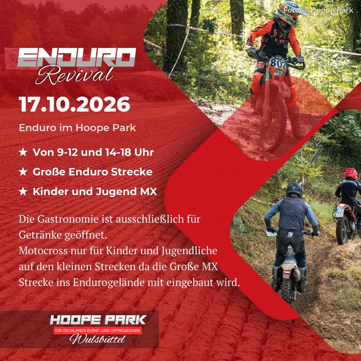 Flyer zum Enduro Revival im Hoope Park am 17. Oktober 2026 mit Trainingszeiten