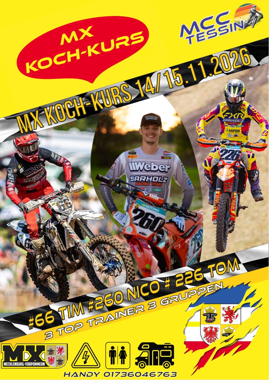 Flyer zum MX Koch-Kurs beim MCC Tessin am 14. und 15. November 2026 mit Tim, Tom und Nico Koch